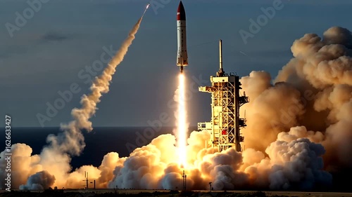 A rocket racing toward space through the atmosphere. 4k