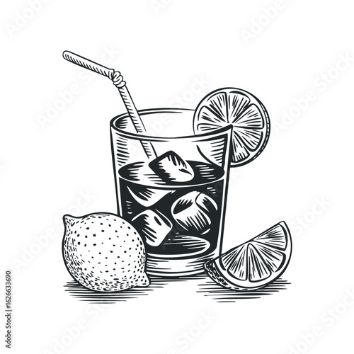 Engraving style glass of ice beverage with citrus fruits and drinking straw