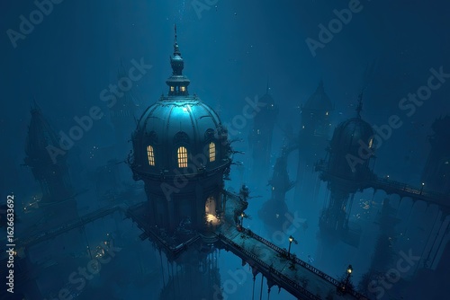 A fantastical, underwater city glows dimly beneath a deep blue sky.  Floating, ornate structures, crowned with domes, connect by walkways.  Mysterious, ancient