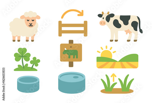 Rotational Grazing Icons. Flat vector mini-illustrations rotational grazing in colors children's illustrations