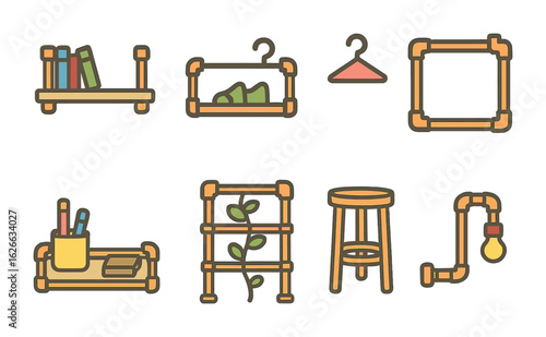 DIY Pipe Projects Icons. Flat vector mini-illustrations DIY pipe projects in colors children's illustrations: