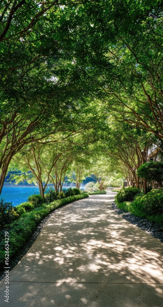 Naklejka premium Sun-dappled walkway through a lush tree tunnel