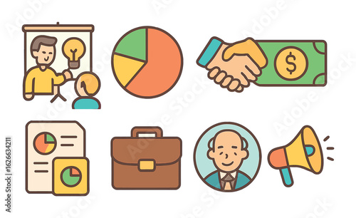 Investor Pitch Icons. Flat vector mini-illustrations Pitching to investors and presenting ideas in colors