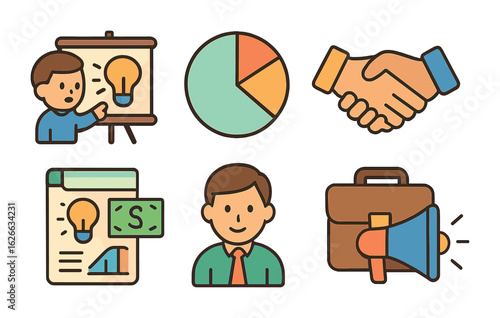 Investor Pitch Icons. Flat vector mini-illustrations Pitching to investors and presenting ideas in colors