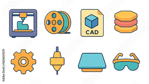 3D Printing Icons. Flat vector mini-illustrations 3D printing for rapid prototyping in colors children's