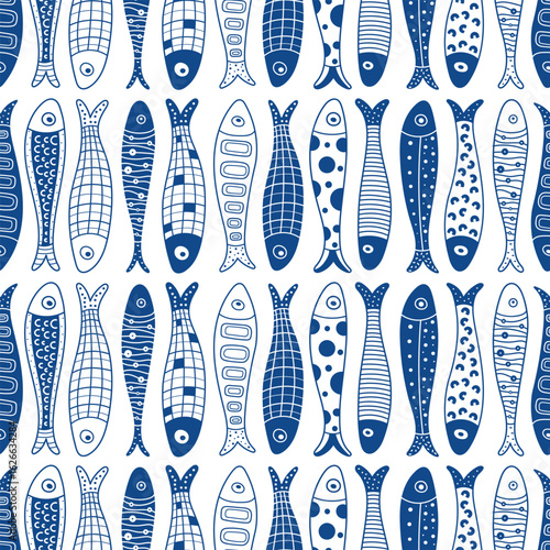 Cute  sardine. Kids background. Sardines, salmon, tuna, tilapia. Seamless pattern. Kids illustration.