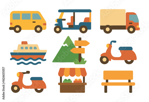 Colorful Transport Icons. Flat vector mini-illustrations Regional transport symbols in colors children's