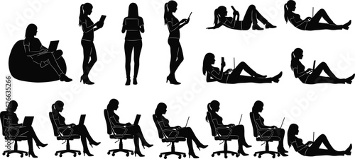 Silhouette of women using laptop, tablet, phone while sitting, standing, lying down, technology lifestyle concept for digital work scenes
