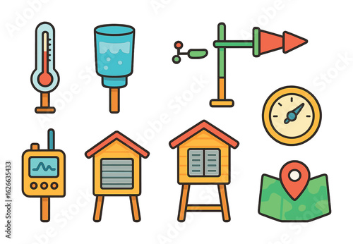 Weather Station Icons. Flat vector mini-illustrations local weather stations in colors children's