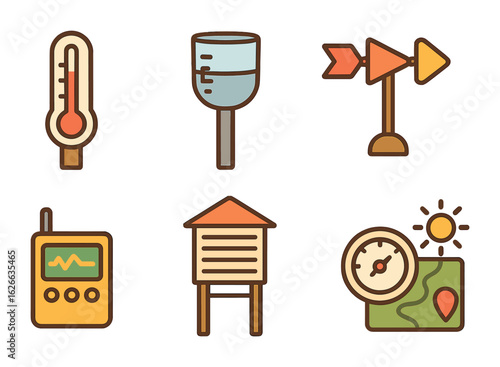 Weather Station Icons. Flat vector mini-illustrations local weather stations in colors children's