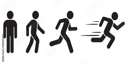 Silhouette progression illustrating human movement from standing to walking and running quickly