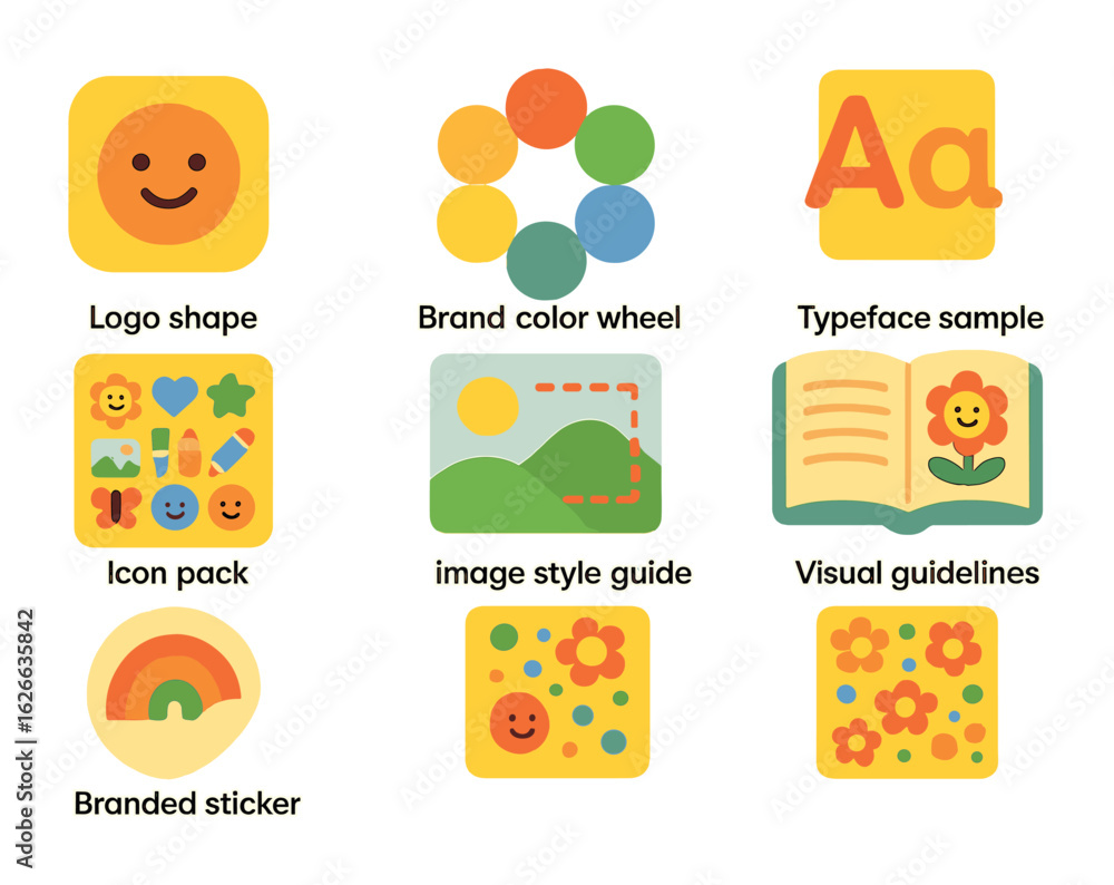 Fototapeta premium Children's Design Elements. Flat vector mini-illustrations brand elements for posting in colors children's