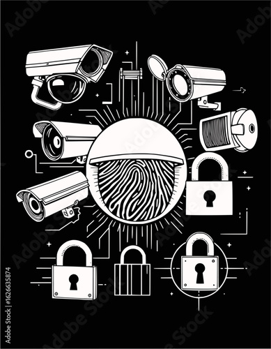 Security cameras and padlocks surrounding a fingerprint scan in a black and white illustration