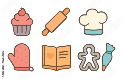 Baking Essentials Icons. Flat vector mini-illustrations baking and cooking as hobbies in colors children's