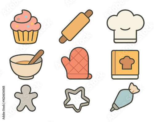 Baking Essentials Icons. Flat vector mini-illustrations baking and cooking as hobbies in colors children's