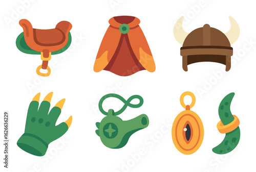 Dragon Accessories Icons. Flat vector mini-illustrations dragon accessories in colors children's illustrations