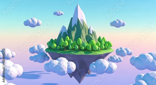 Low Poly Floating Island with Mountain and Clouds, 3D Render