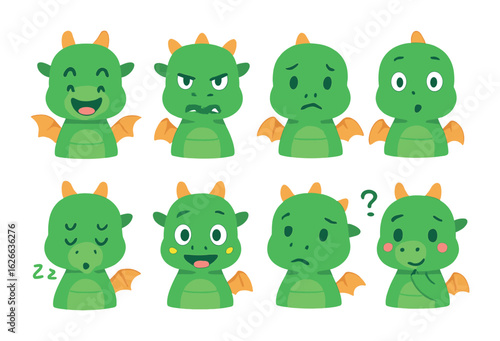Dragon Emotions Grid. Flat vector mini-illustrations dragon emotions in colors children's illustrations: happy