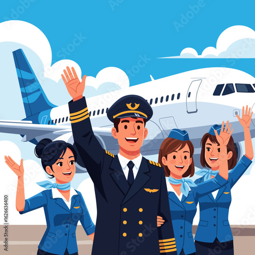 Happy airline crew waves goodbye near a large passenger airplane.