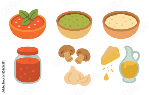 Colorful Pasta Sauces. Flat vector mini-illustrations homemade pasta sauces in colors children's illustrations
