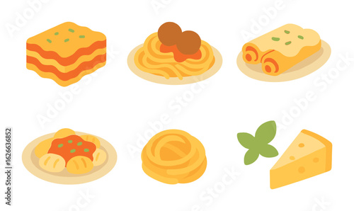 Italian Pasta Illustrations. Flat vector mini-illustrations traditional Italian pasta meals in colors children