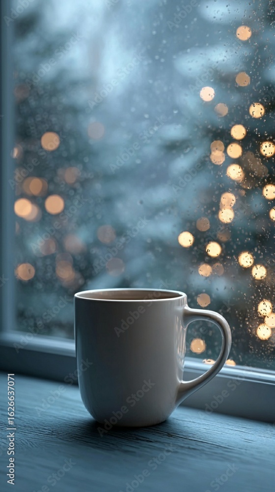 Obraz premium Cozy winter morning scene with steaming coffee mug by frosted window, soft bokeh lights creating magical atmosphere of tranquil seasonal comfort and warmth