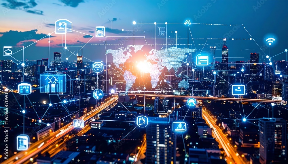 Fototapeta premium Futuristic Cityscape with Digital Network Overlay and Global Connectivity Concept.