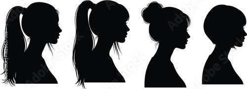 Silhouette of women with different hairstyles, ponytail, bun, bob cut, side profile, black vector, elegant, minimal, fashion design