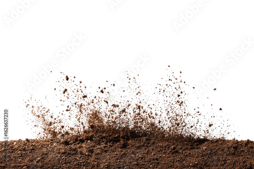 A close-up view of a dirt splash.  A mound of brown earth with a vibrant, splashy eruption of particles