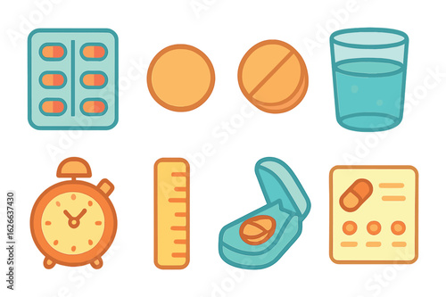 Children's Medicine Guide. Flat vector mini-illustrations tablet dosage guide in colors children's
