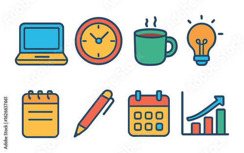 Freelance Tools Icons. Flat vector mini-illustrations freelancing opportunities in colors children's