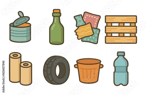Upcycled Materials Icons. Flat vector mini-illustrations upcycled materials in colors children's illustrations