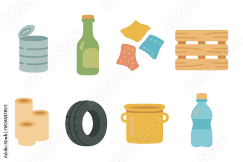 Upcycled Materials Icons. Flat vector mini-illustrations upcycled materials in colors children's illustrations