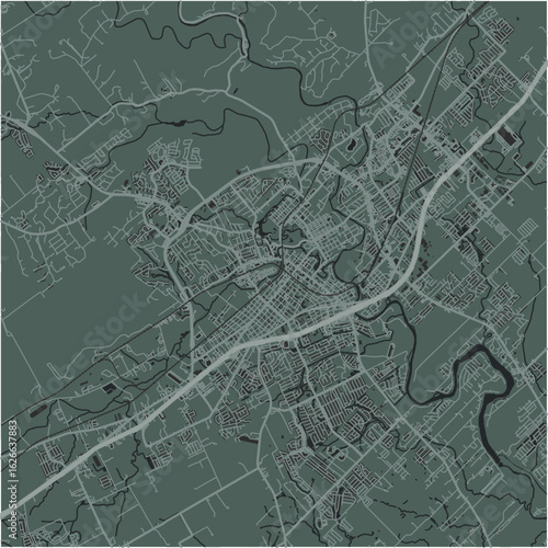 Map of New Braunfels in Texas in a smooth dark style. Contains layered vector with roads water, parks, etc.