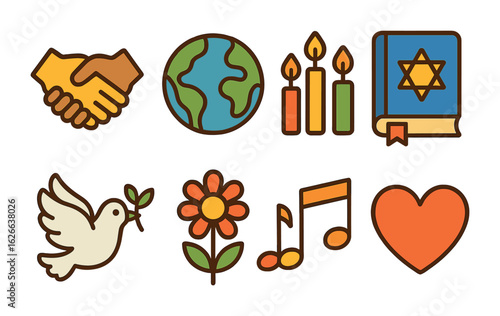 Colorful Interfaith Symbols. Flat vector mini-illustrations interfaith gatherings in colors children's