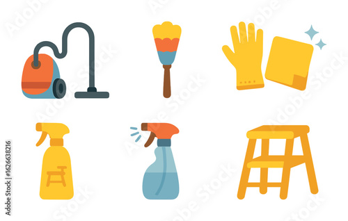 Cleaning Tools Icons. Flat vector mini-illustrations vacuuming and dusting in colors children's illustrations: