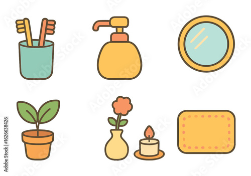 Children's Bathroom Icons. Flat vector mini-illustrations modern bathroom accessories in colors children's