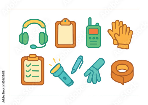 Stage Crew Tools. Flat vector mini-illustrations stage crew equipment in colors children's illustrations: