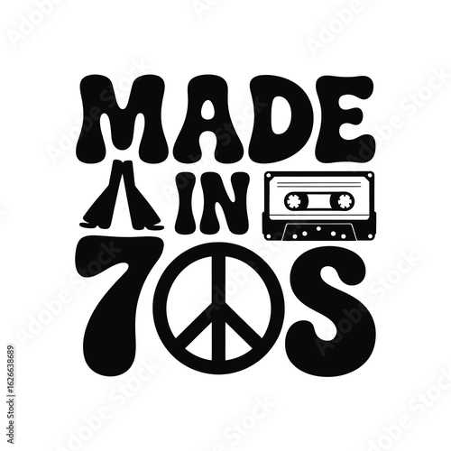 Made in 70s retro peace sign cassette tape silhouette isolated on white background
