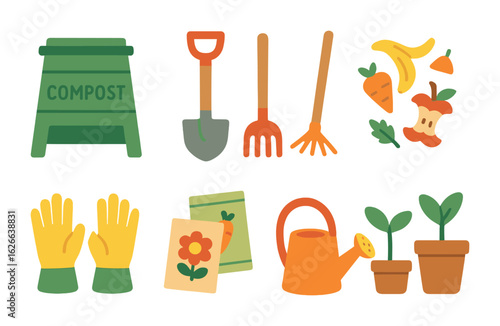 Kids' Composting Icons. Flat vector mini-illustrations composting practices in colors children's illustrations