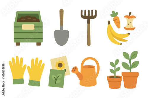 Kids' Composting Icons. Flat vector mini-illustrations composting practices in colors children's illustrations