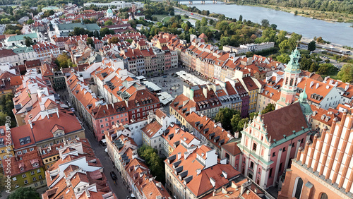 Aerial view of Warsaw Old Town Market Square and Vistula river, Poland