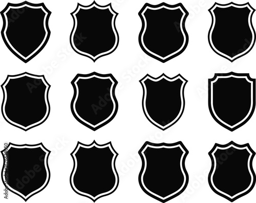 Set of Black and White Shield Icons with Various Shapes - Security, Protection, and Heraldry Vector Collection