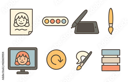 Creative Illustration Tools. Flat vector mini-illustrations illustration process in colors children's