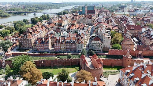Aerial view of Warsaw Old Town and Barbican, Poland