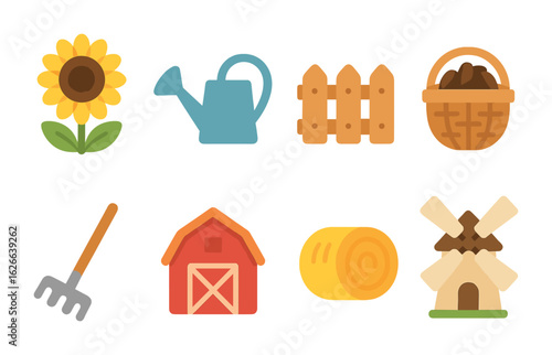 Sunflower Field Icons. Flat vector mini-illustrations sunflower fields in colors children's illustrations: