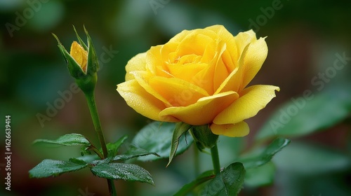 Closeup yellow rose with dew drops
