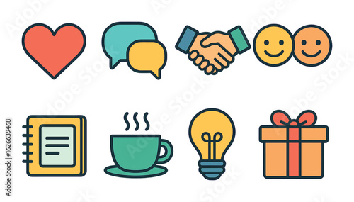 Colorful Empathy Symbols. Flat vector mini-illustrations empathy and understanding in colors children's