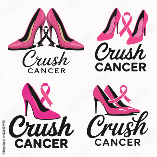 Crush Cancer Breast Cancer Awareness Design with Pink High Heels and Ribbon for Empowerment, Support, and Advocacy in Cancer Awareness Campaigns