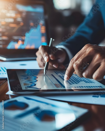 data visualization, tablet analysis, business metrics, performance tracking, digital workflow, bar graphs, line charts, modern workspace, hands-on analytics, blue shirt, tech-savvy professional.